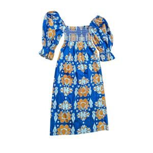 Borgo De Nor Viona Cotton Geo Flower Blue Dress NWT